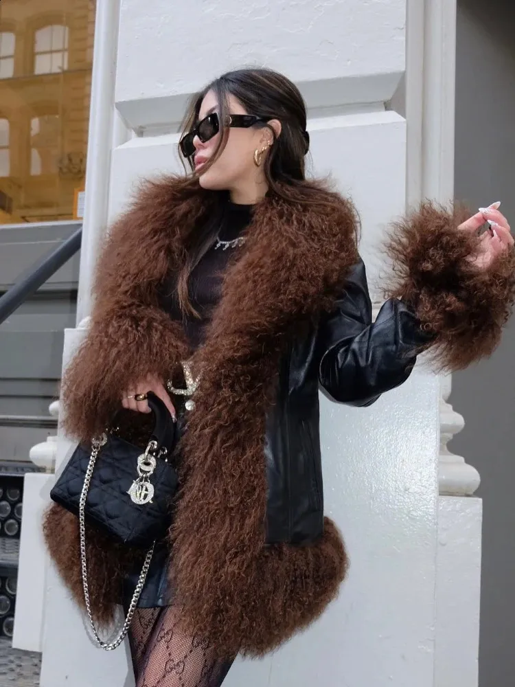 Faux Mongolian Fur Trim Black Maxi Faux Fur Coat Black Long Fluffy