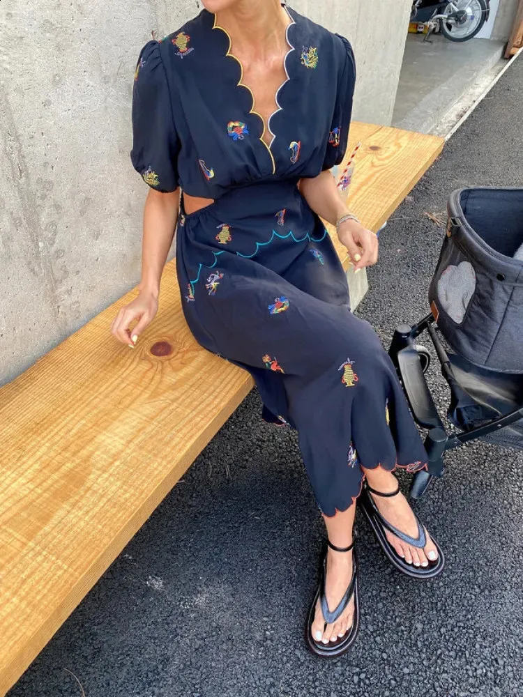 Vintage Embroidered Crochet Flower Bouquet Chiffon Midi Dress for Women - Curvy V-Neck, Hollow Out Waist, Korean Style - Perfect for Summer (240918)