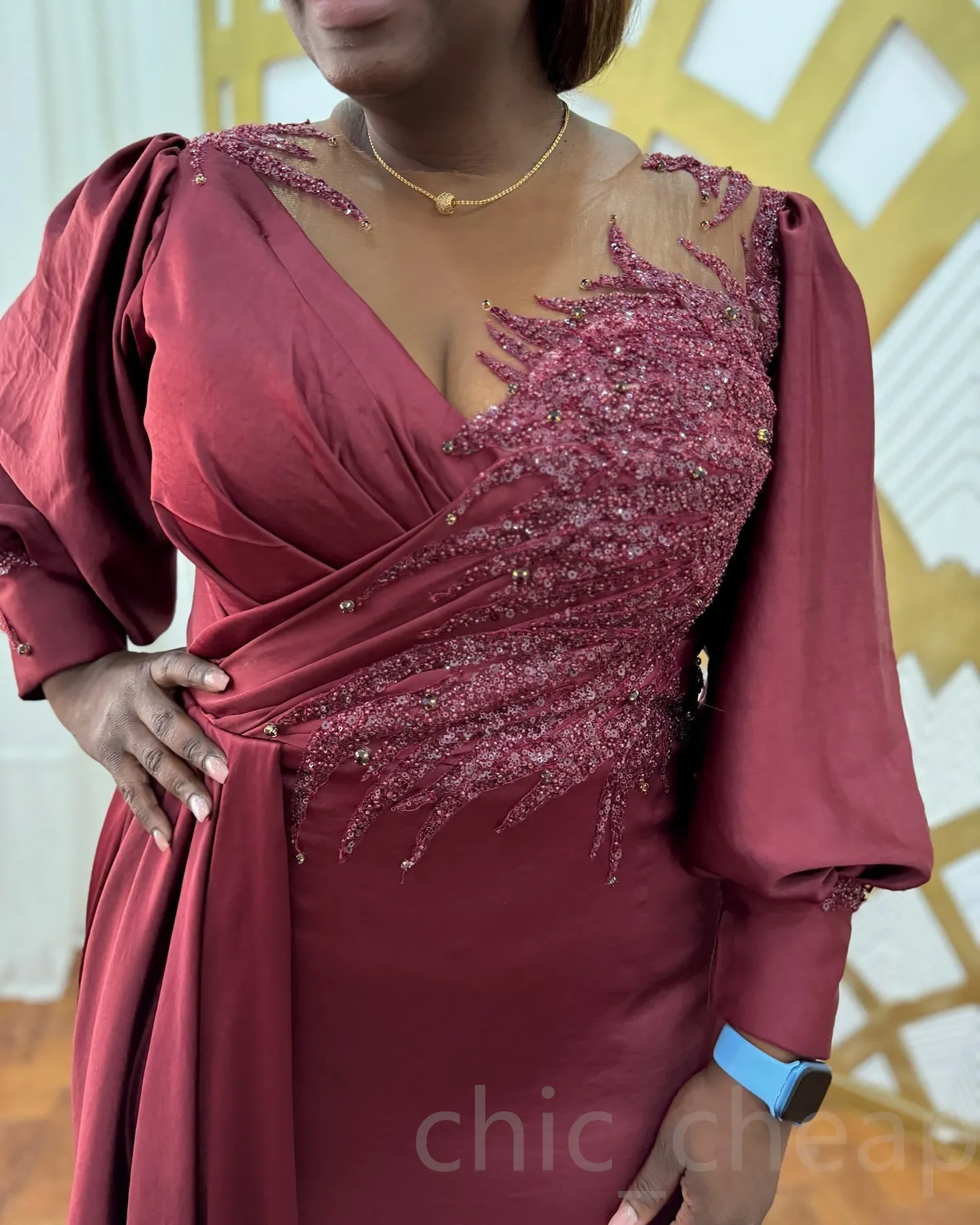 mother of the bride dress burgundy plus size Elegant plus size A-line maxi dress with slit ruffle sleeves