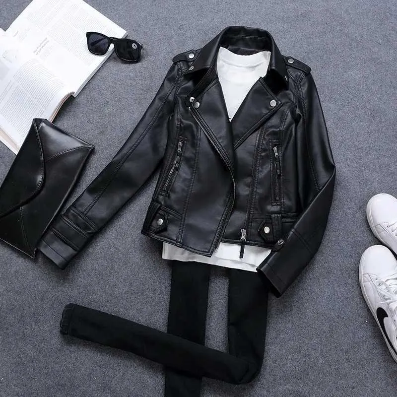 Veste Courte Demi-Saison Femme - Veste Motard Col Revers Manches Longues Printemps Automne