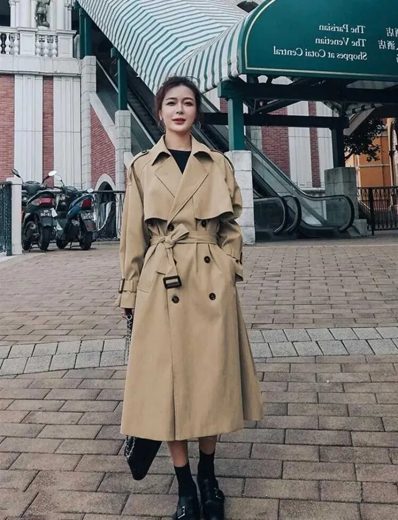 Womens Spring Trench Coat Double Breasted Khaki Overcoat, Mid