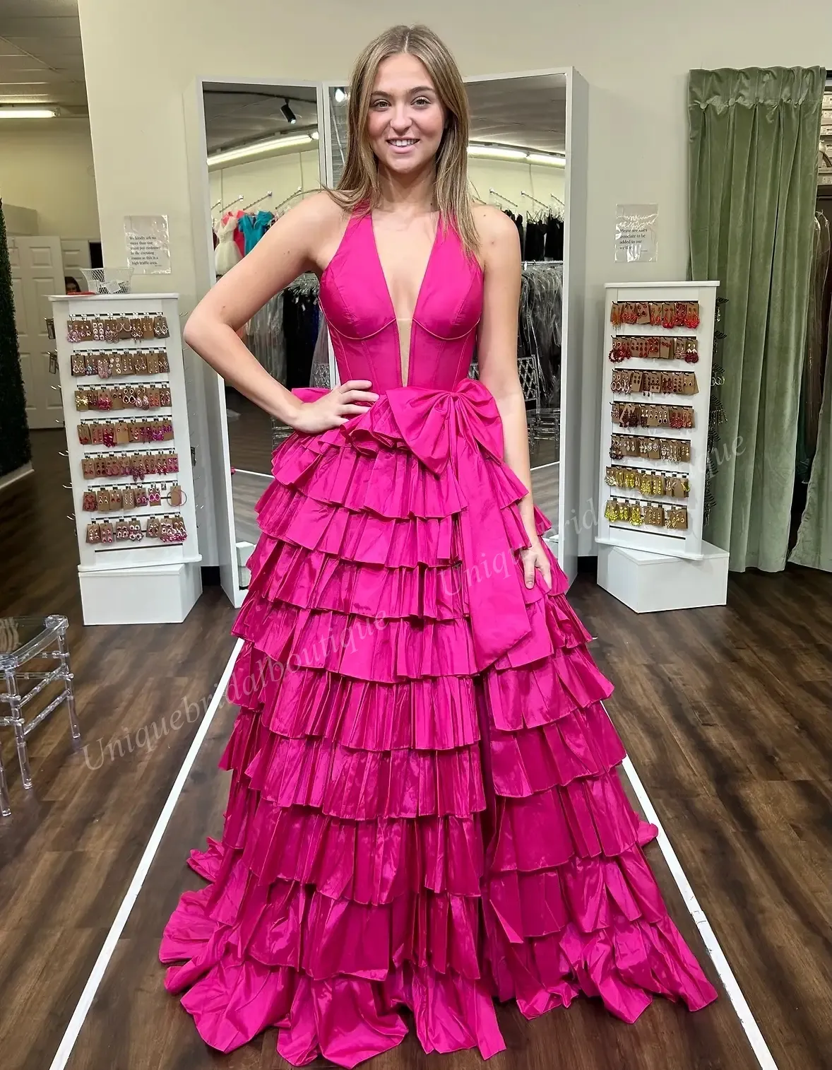 Fuchsia Taffeta Ball Gown Dress Halter Neck, Sleeveless, Sweep Train With  Bow And Side Slit, Ruffle Detail, Plus Size Junior Prom, Winter Formal,  Pageant, Gala, Wedding Guest From Uniquebridalboutique, $121.26 | DHgate.Com