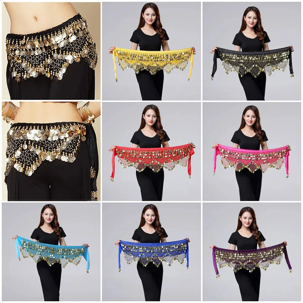 Women's Belly Dance Hip Scarf With Coins - Triangle Chiffon Scarf With Tassels For Dance & Performance