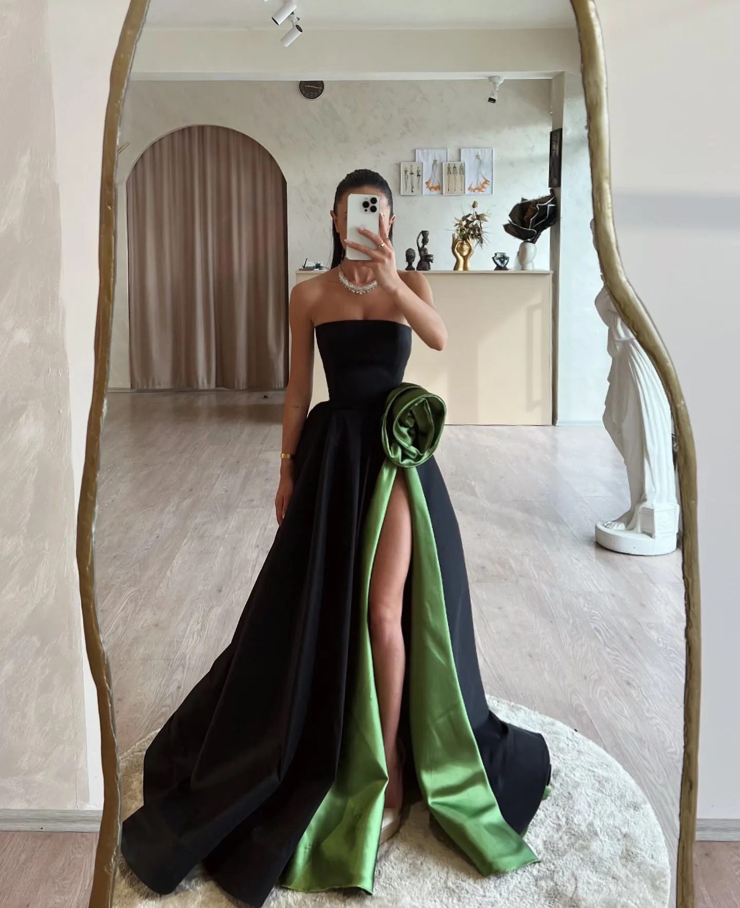dark green and black prom dress Elegant Emerald & Strapless Satin - Front Slit, Ruched Train. Shop Now! Best Seller from Dhgate Prom Dresses drop:RS26 RTW Drop 1