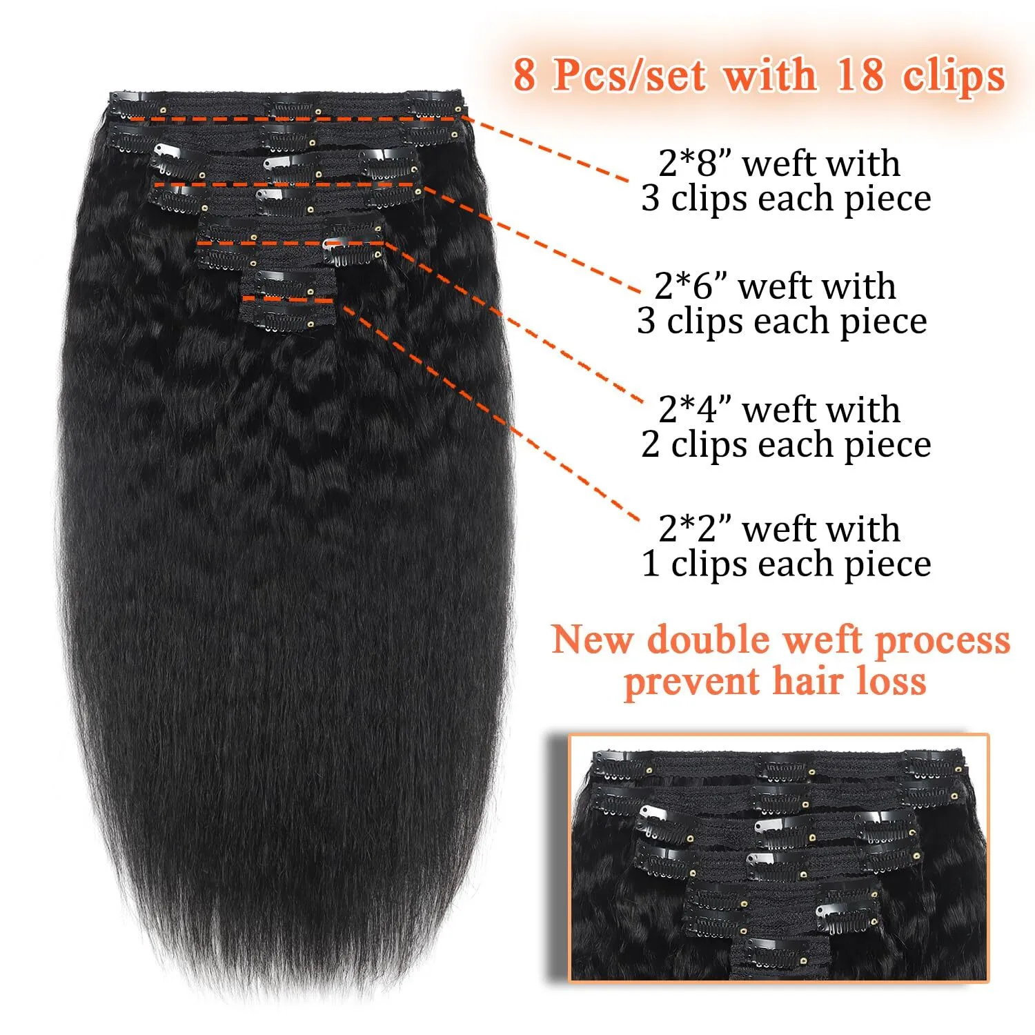 Aison 100% Human Hair Clip-in Extensions – 7pcs 18 Inch, Jet Black, 120g, Soft Silky Straight