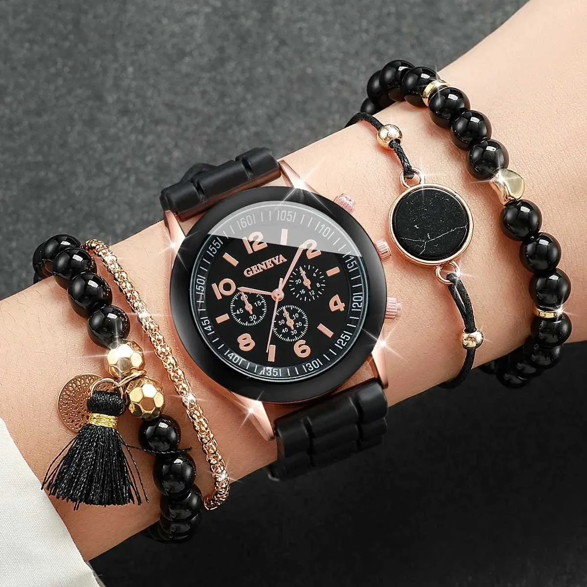 Geneva Ladies Quartz Black Beaded Watch Geneva Stainless Steel Water Resistant Watch - Etsy main image 2