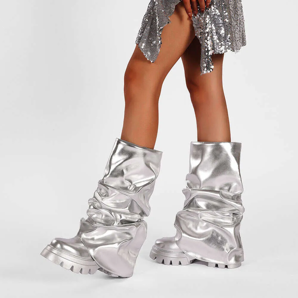 Bottes Hautes Femme Simili Cuir Plissé - Style Western, Semelle Plate Antidérapante, Taille Genou