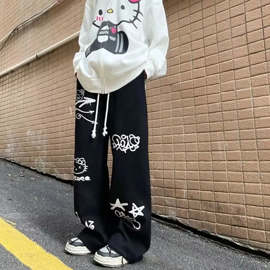 Retro Graffiti Print Tracksuit Pants Casual Wide Leg Hip Hop