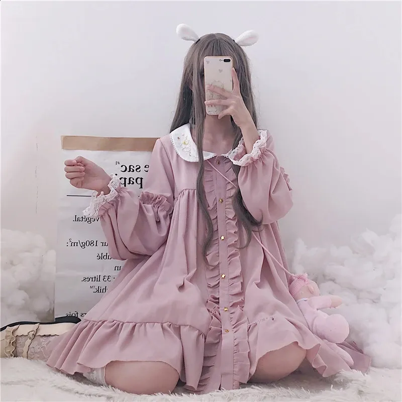 open lace back dress Harajuku Sweet Girl Ruffled Collar Neko Cat Ears Bow Black Pink Layered  Dress main image 1