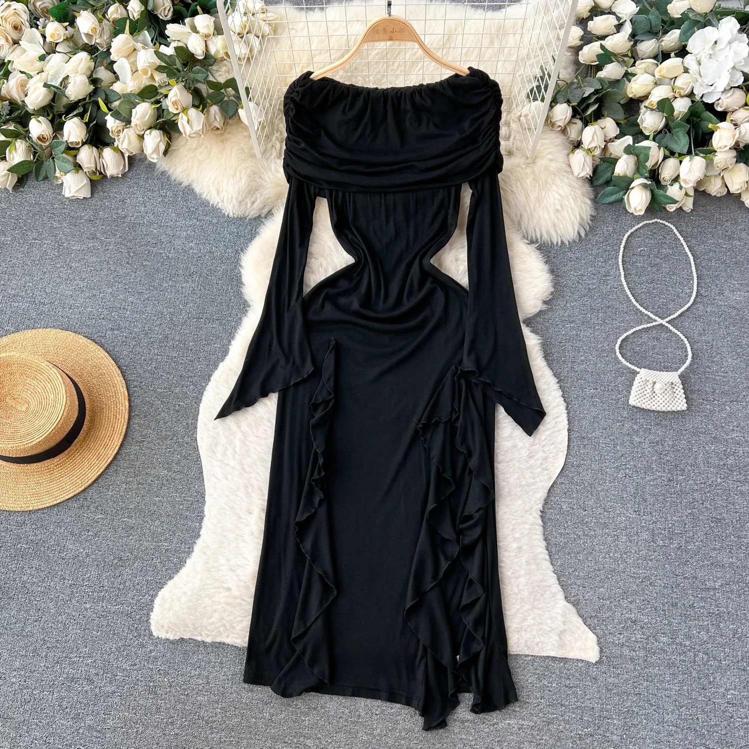 Vintage Korean Autumn Winter dress - Chic Slash Neck Asymmetrical Pleated High Street Evening Party Long Sleeve dress for Women (240921)