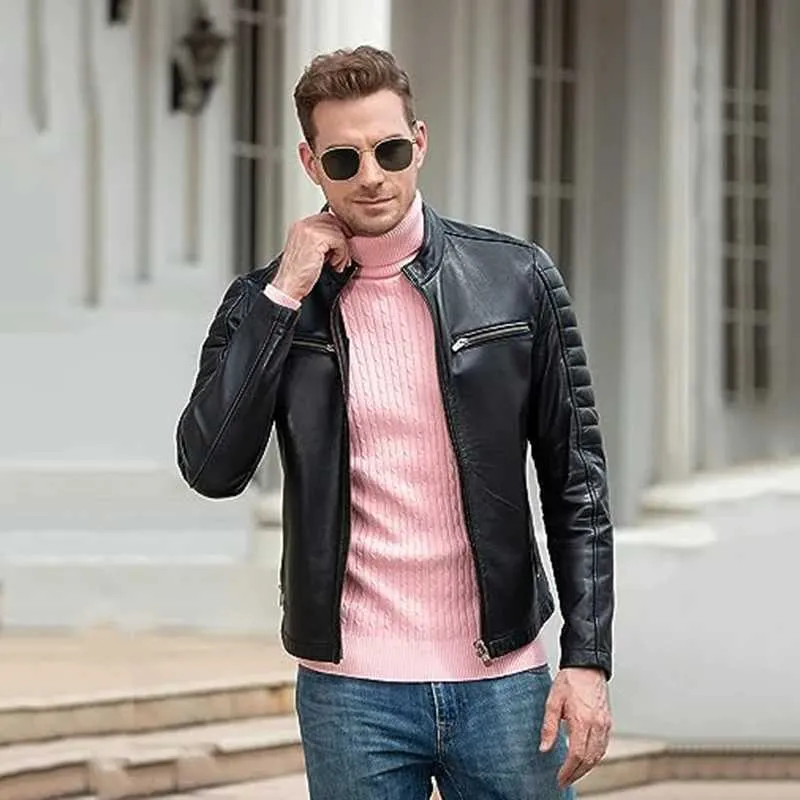 White Turtleneck With Leather Jacket Men IQYU Men's Turtleneck