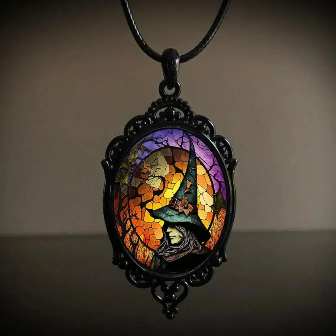 Collier Pentagramme Wicca - Pendentif Cabochon Orange Et Marron - Chaîne 50cm