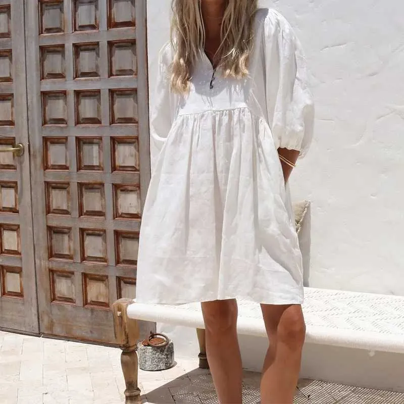 Women Casual Solid Color Long Puff Sleeve V Neck Bohemian Dress Women Elegant Spring Summer Linen Loose Mini Dress M240924 Women Casual Solid Color Long Puff Sleeve V Neck Bohemian Dress Women Elegant Spring Summer Linen Loose Mini Dress M240924