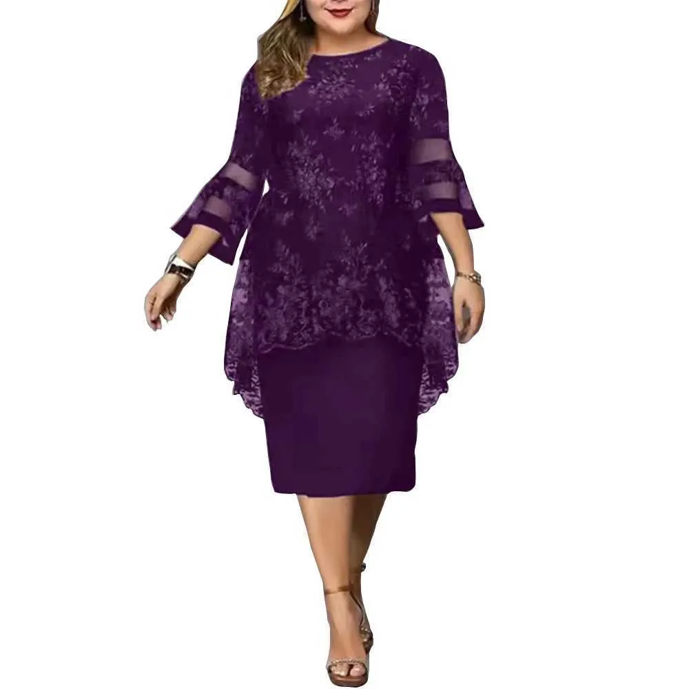 Elegant Maroon Lace Plus Size Party Dress for Women