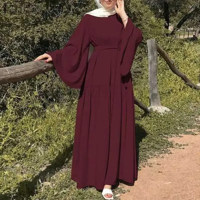 Product Title: Ramadan Abayas: Elegant Long-Sleeved O-Neck Dress for Women, Spring Casual Robe with Belt - M240924Product Description: This Elegant