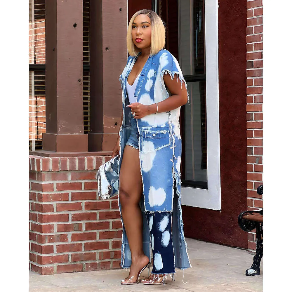 Sleeveless Knee Length Denim Coat Long Denim Vest Womens Street