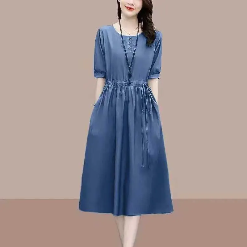 Fashion O-Neck Solid Color Spliced Shirring Bandage Bow Midi Dress Womens Clothing Summer New Loose Casual Dresses M240924