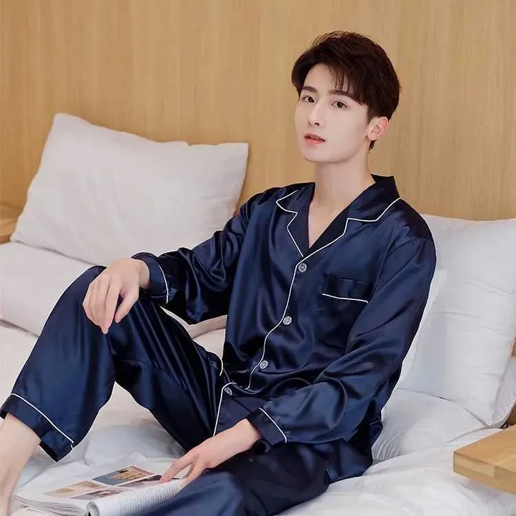 Navy Blue Satin Mens Pajama Set Shirt And Black Pajama Pants Long Slve Lounge Wear Nightwear 3XL M240925 From Eisirim1 12.64 DHgate.Com