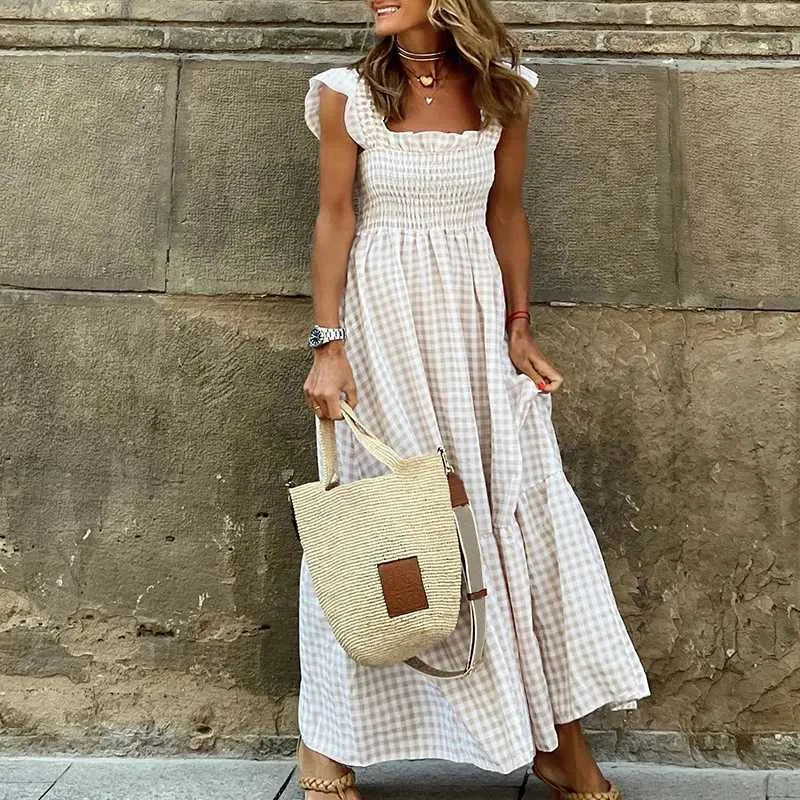 fitted lace wedding dress FantasyLinen Casual Loose Plaid Dress, Linen Literary Maxi Dress for Spring Q3010 L / Black main image 0