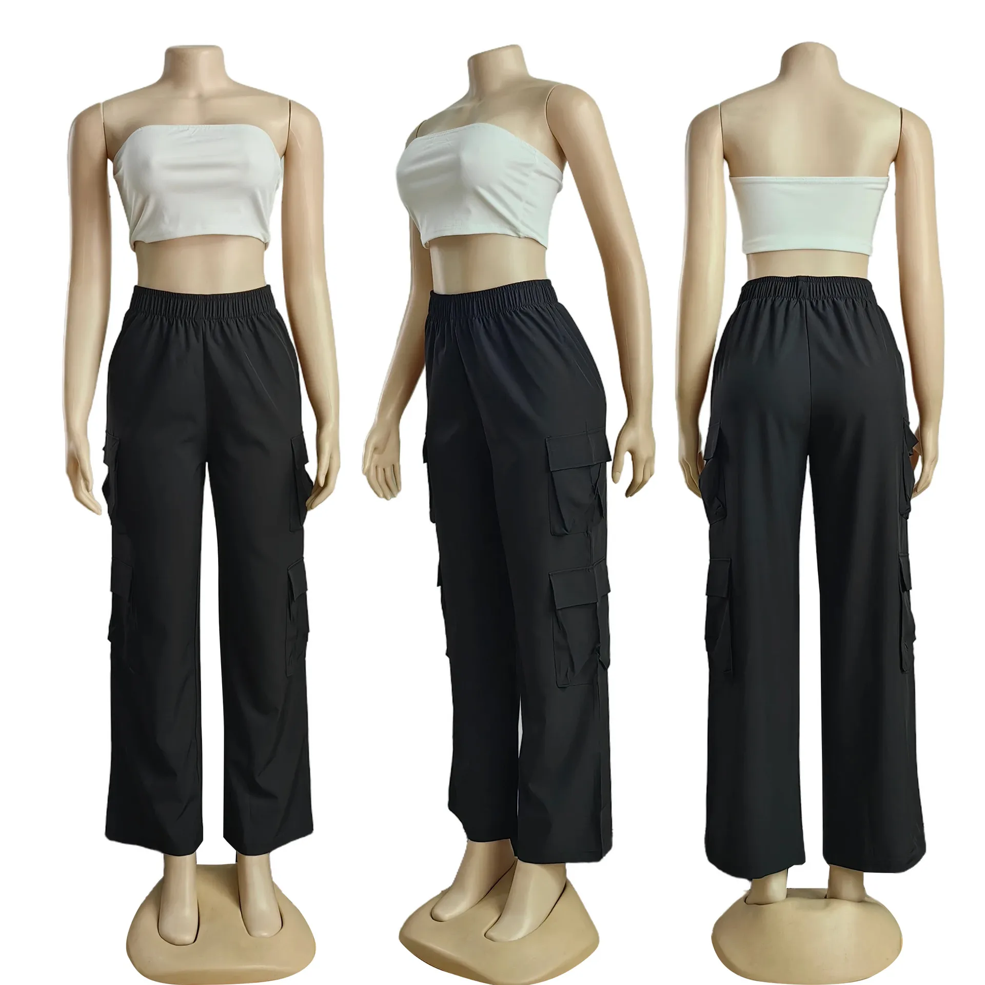 Women's Designer Cargo Pants With Pockets, Elastic Waist, And Wide Leg Casual High Waisted Cargo