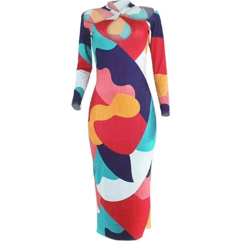 Plus Size Autumn Bodycon Geometric Maxi Dress with Hollow Out Print for Women