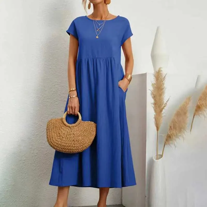 Elegant Solid Linen Short Sleeve Long Dress for Women - Loose Fit, Sleeveless, Perfect for Summer Casual Wear