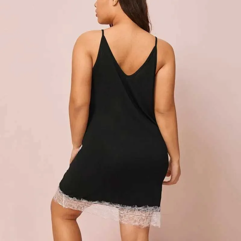 Product Title: Summer Elegant Lace Panel Sheath Tank Sleep Dress for Plus Size Women - Black and White, Available in 5XL to 8XL (M240924)Product