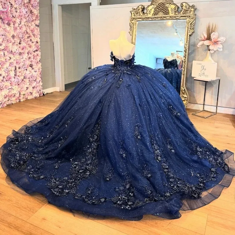 Navy Blue Off-Shoulder starry night quinceanera Ball Gown Dress with Applique, Flower Beading, Crystal Tull, and Corset - Perfect for Sweet 16 and