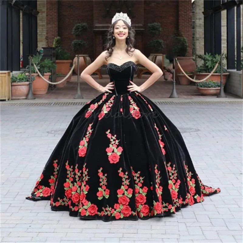 Dress With Accents Tulle Formal Red And Black Dresses Luxury Organza  Ruffles Mexican Quinceanera Dresses Black