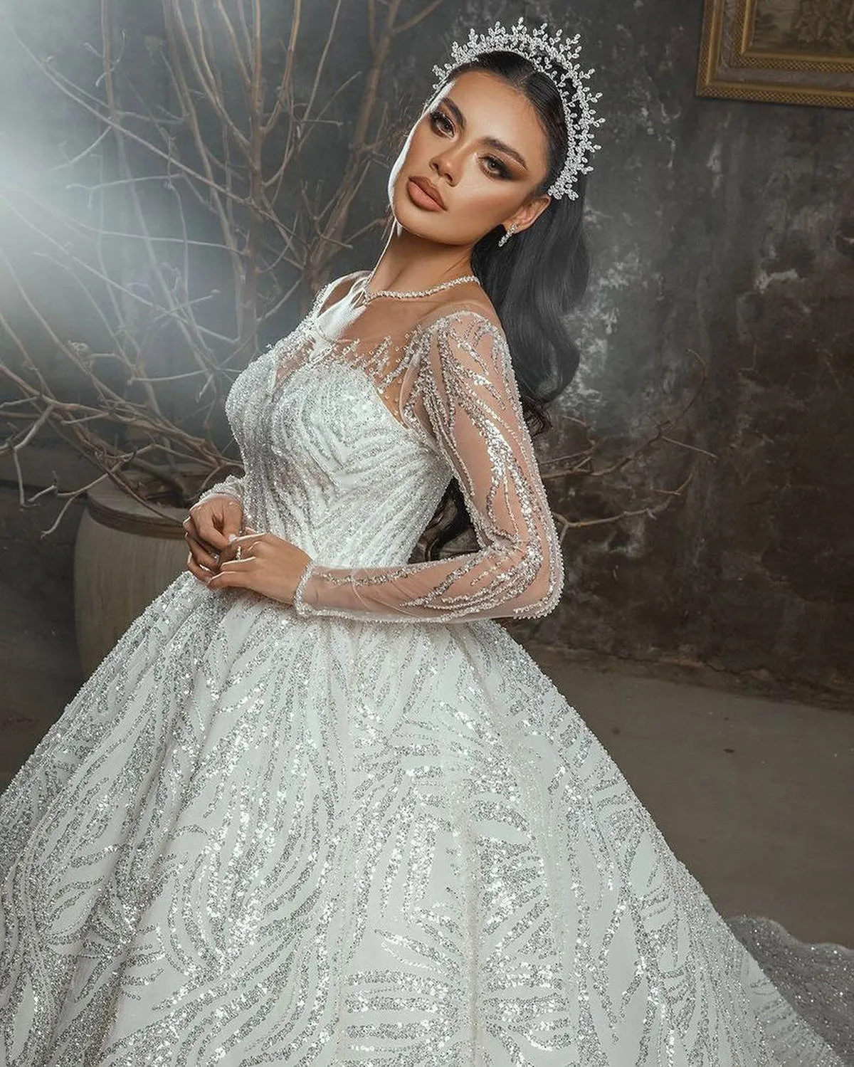 Custom-Made Sequin Ball Gorgeous Wedding Dresses with Jewel Neckline, Long Sleeves, and Sweep Train