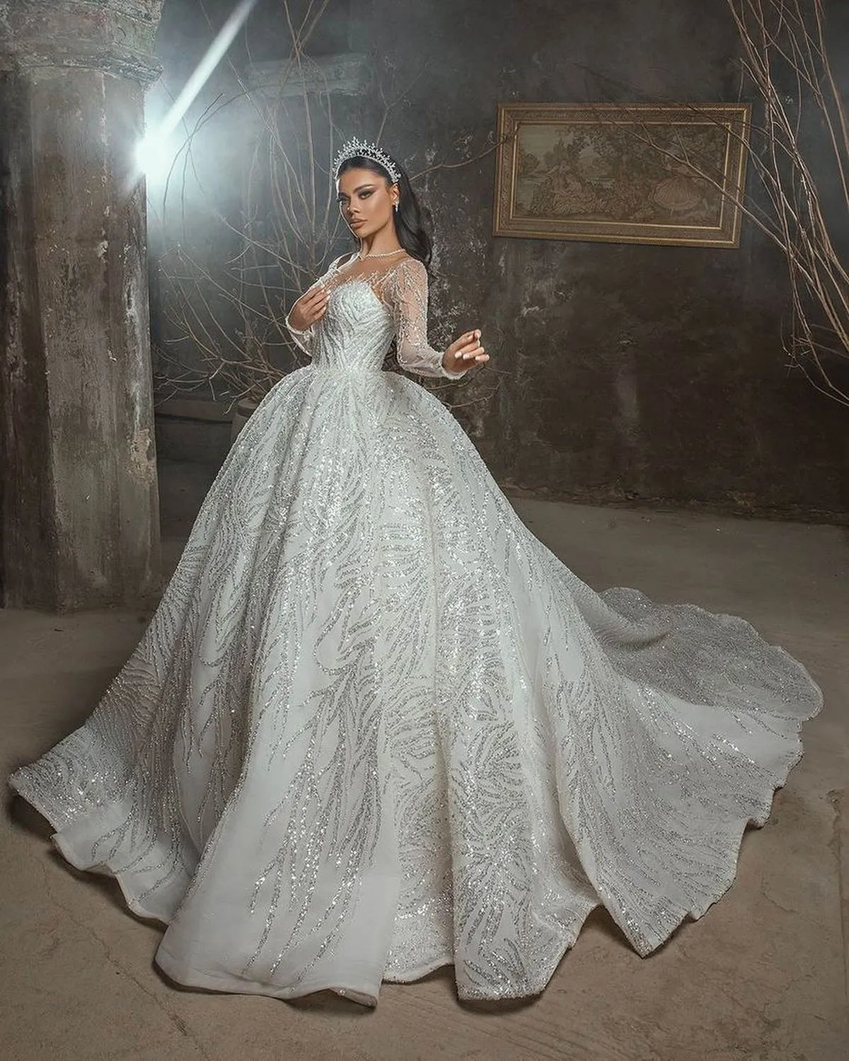 Custom-made Sequin Ball gorgeous wedding dresses with Jewel Neckline, Long Sleeves, and Sweep Train