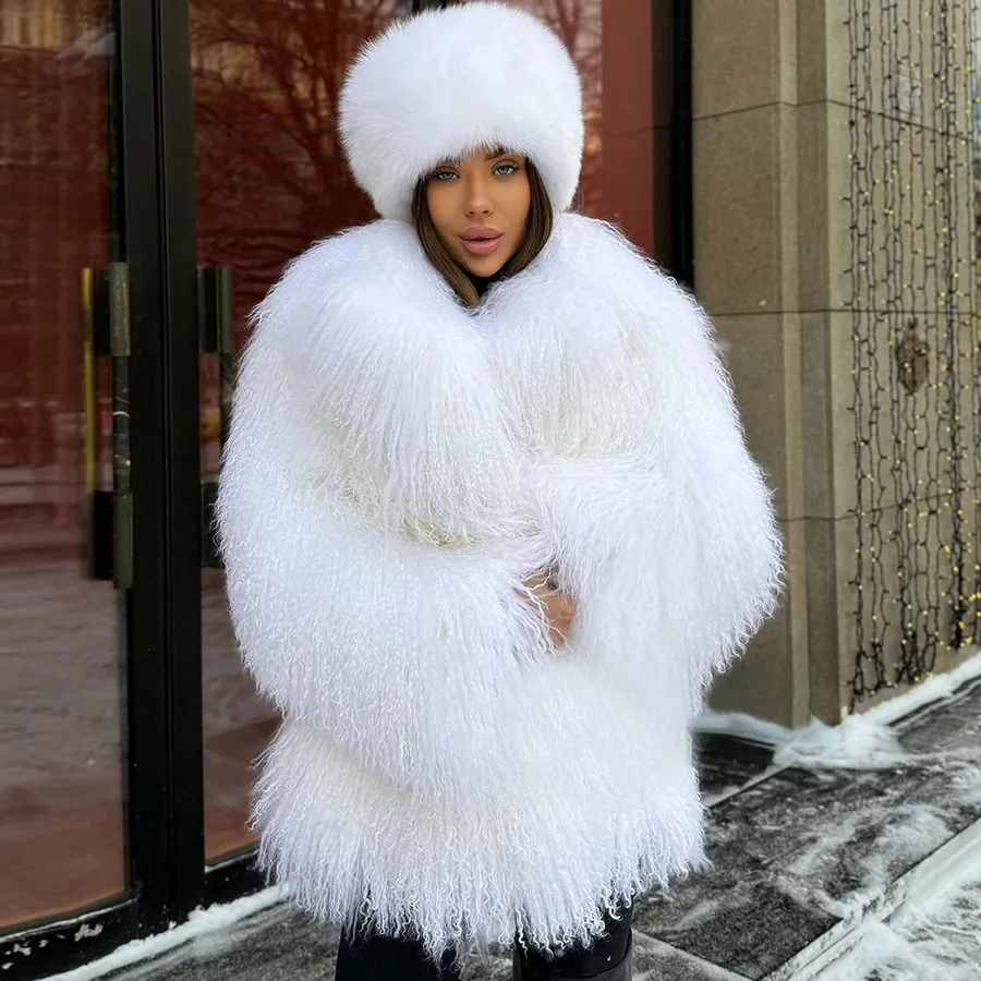 White Mongolian Fur Sheep fur coat with Turndown Collar White Mongolian Fur Sheep fur coat with Turndown Collar