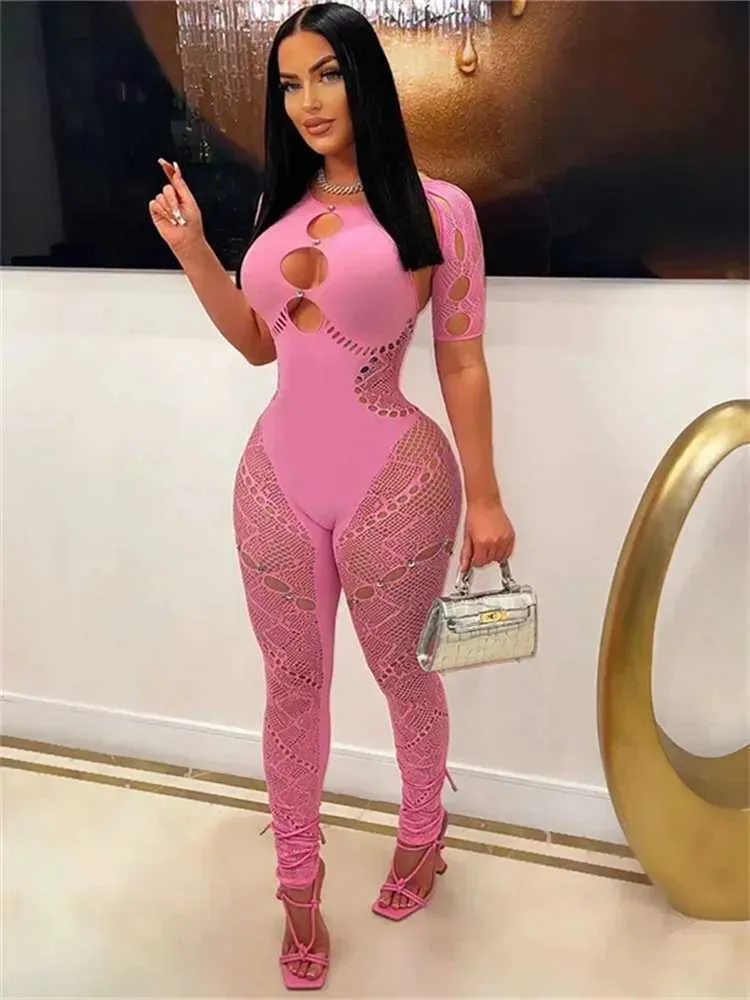 Pink Mesh Bodycon jean jumpsuit womens for Women - Short Pink Mesh Bodycon jean jumpsuit womens for Women - Short
