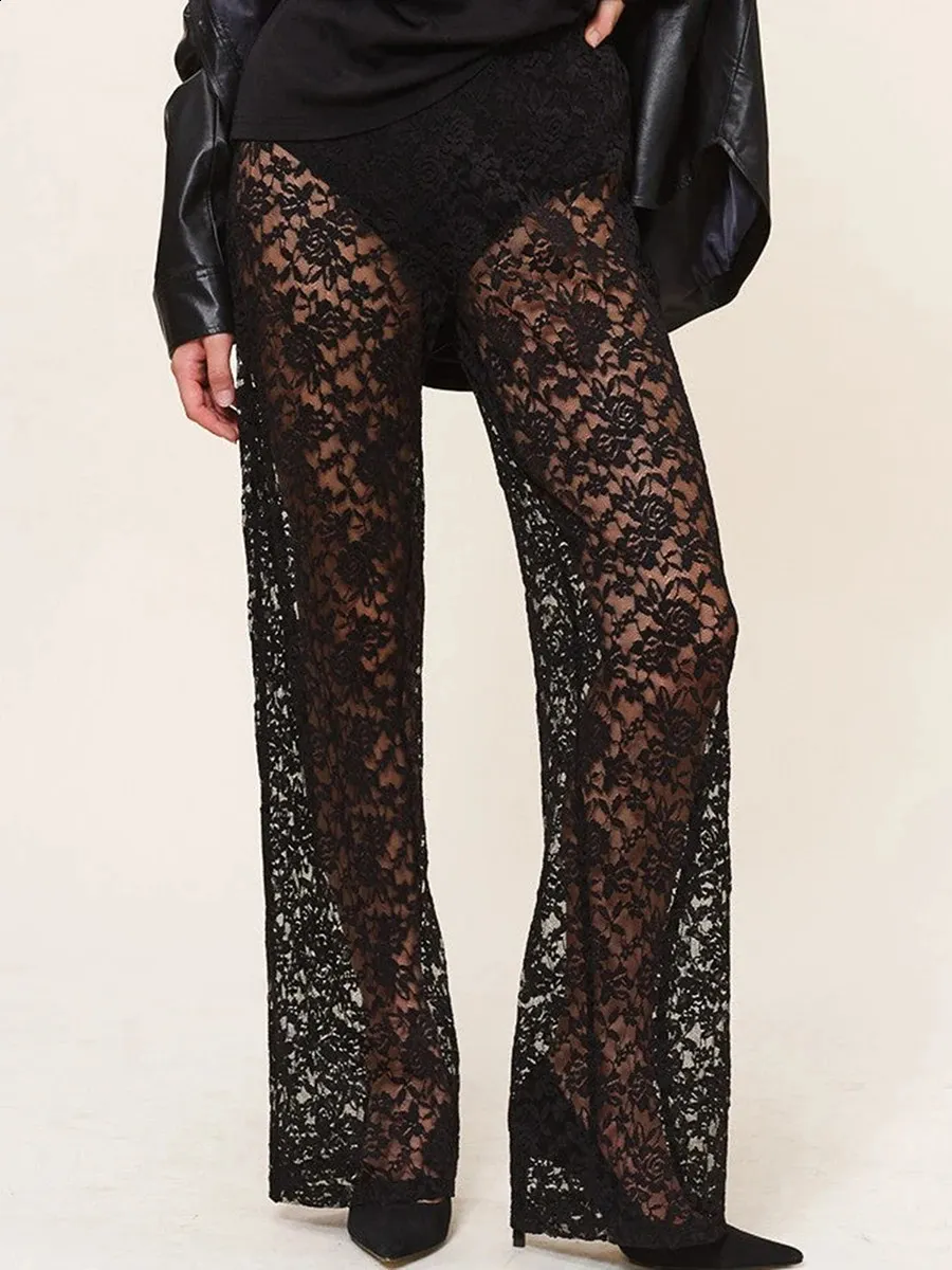 High Waisted Flared Trousers: Womens Sheer Lace Mesh Pants Sexy
