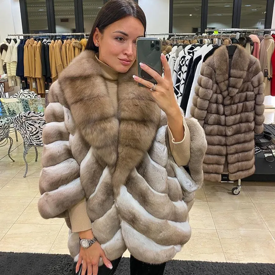 Mens full length rex rabbit fur coat dyed in chinchilla
