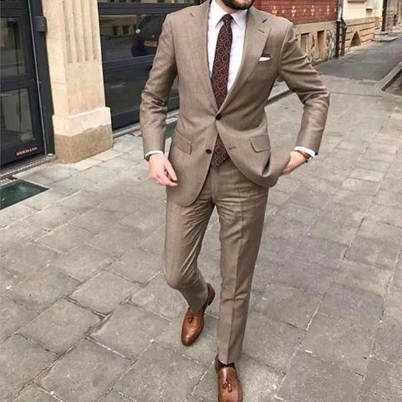 Mens Khaki Summer Suit Two Piece Notch Lapel, Single Breasted
