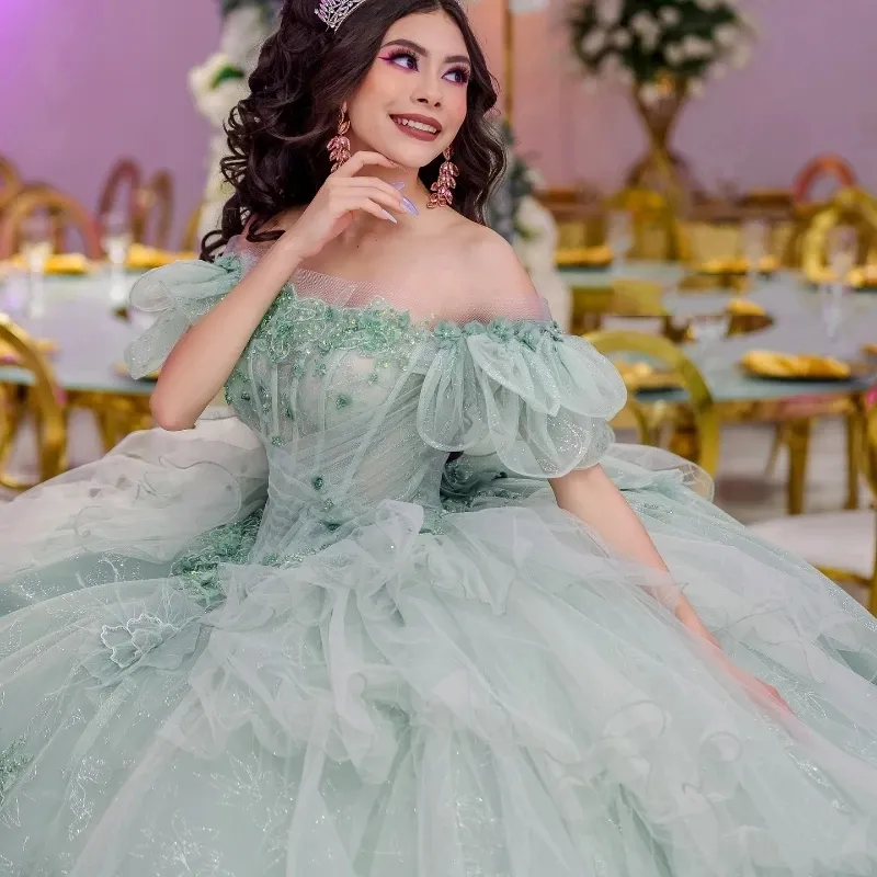 sweet 16 dresses lime green Sage Green Strapless Tulle Ball Gown Quinceanera Dress, Sage Green / 20 main image 1
