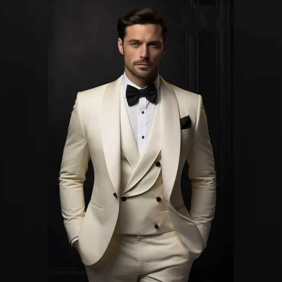 Mens Wedding Suit Vest: Light Champagne Suit Shawl Lapel, Single