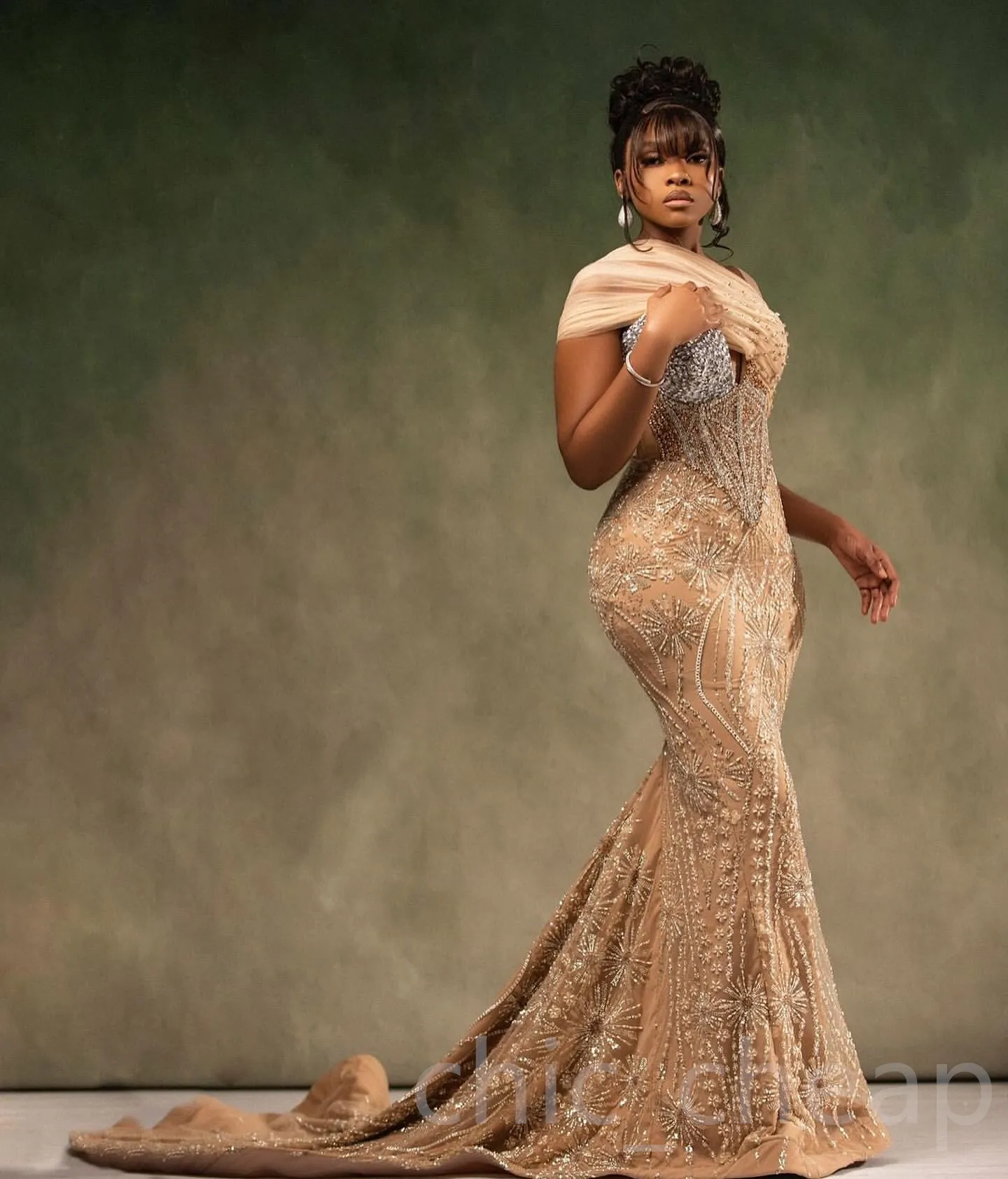 Sequin Prom Champagne Gold Mermaid Dress Champagne Sequin Cowl