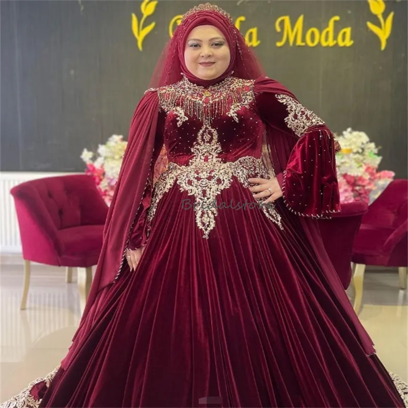 Burgundy Velvet Applique islamic wedding dresses for Brides - 2022 Collection