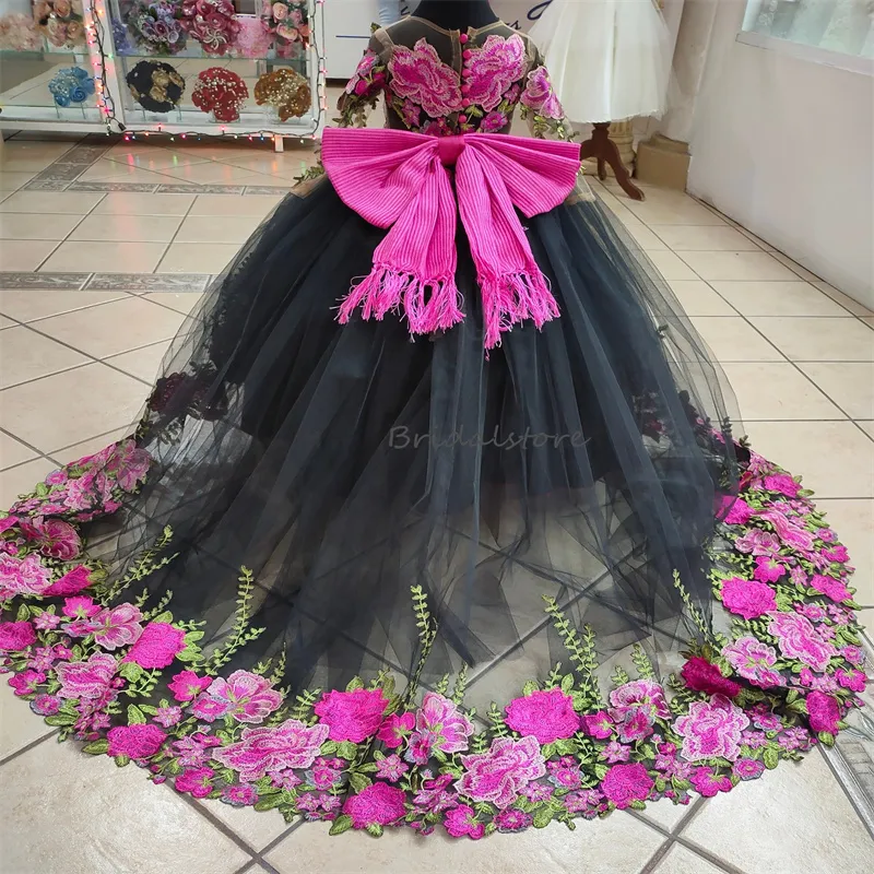 sachin and babi light blue dress 2025 Mexican Princess Black Flower Tutu Dress - Escaramuza Style for Pageants, Birthdays, First Holy Communion