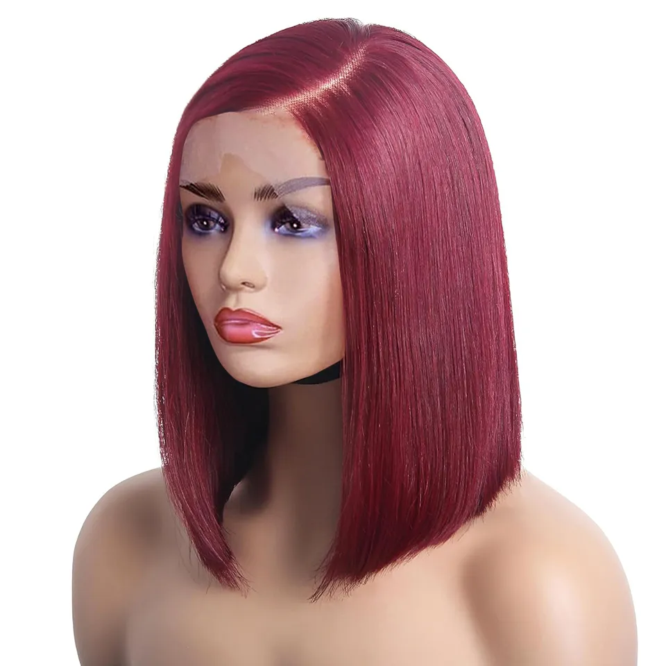 Human Hair Burgundy Bob Wig 13x4 Lace Front Pre Plucked 180  display picture 2