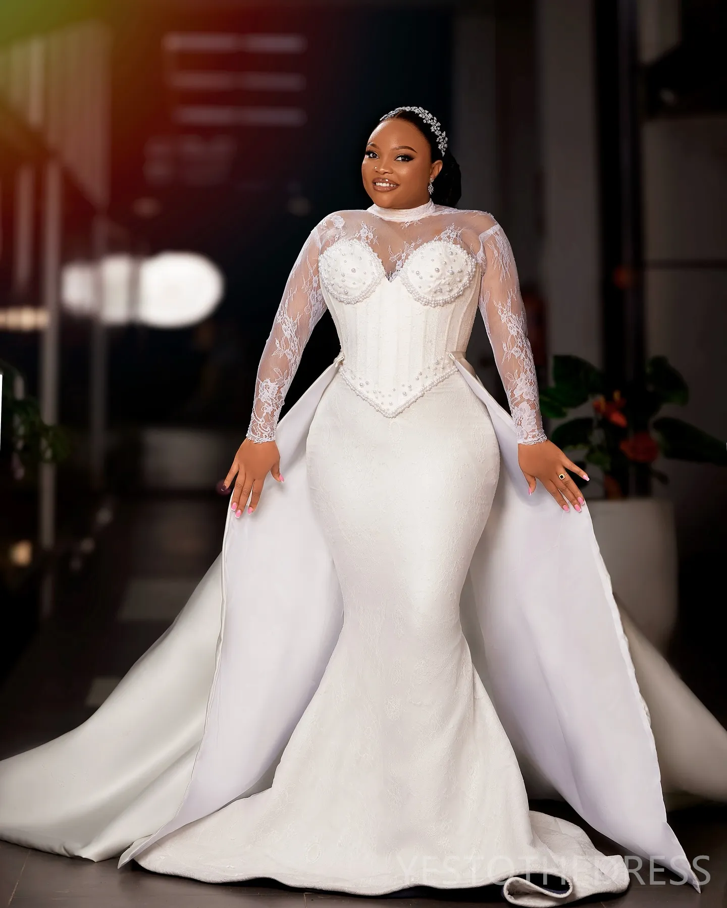 Plus Size Mermaid Wedding Dress with Detachable Train, High