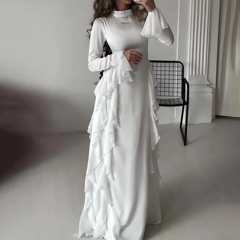 Women Autumn Round Neck Dress Casual Trumpet Sleeve High Waist Woman  Splicing Dresses Temperament Banquet Costumes From Sereinstore, $36.88 |  DHgate.Com