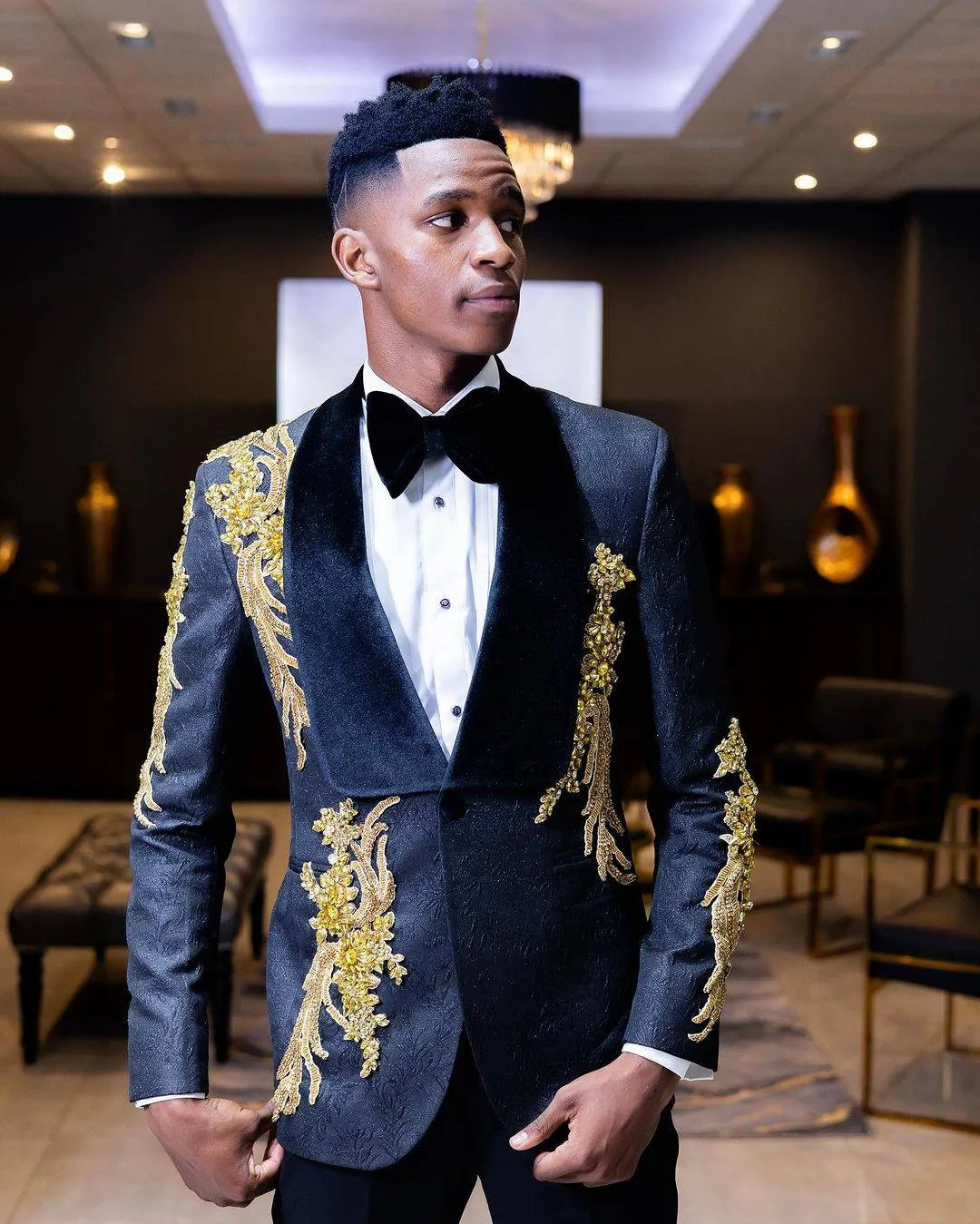 slim fit dress slacks Men's Navy Blue and Gold Baroque Tuxedo Suit with Matching Vest and Bow Tie main image 1