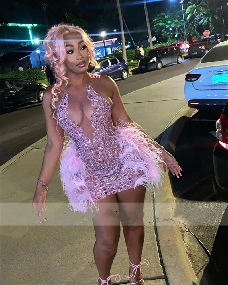 short prom dress with tail Short Mermaid High Neck Lace Sequined One Shoulder Beaded Prom Dress W