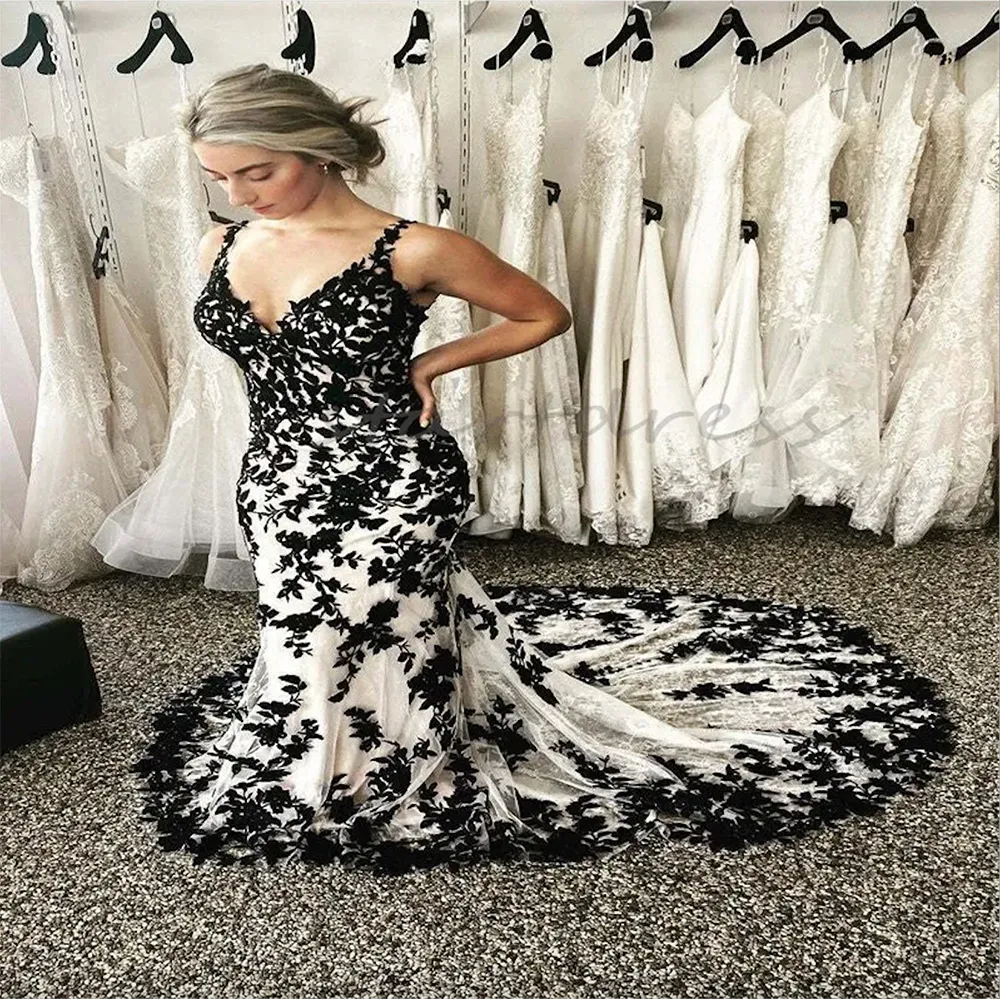 Laceful Gothic Black Lace Wedding Dresses V Neck Mermaid Bridal Gowns ...