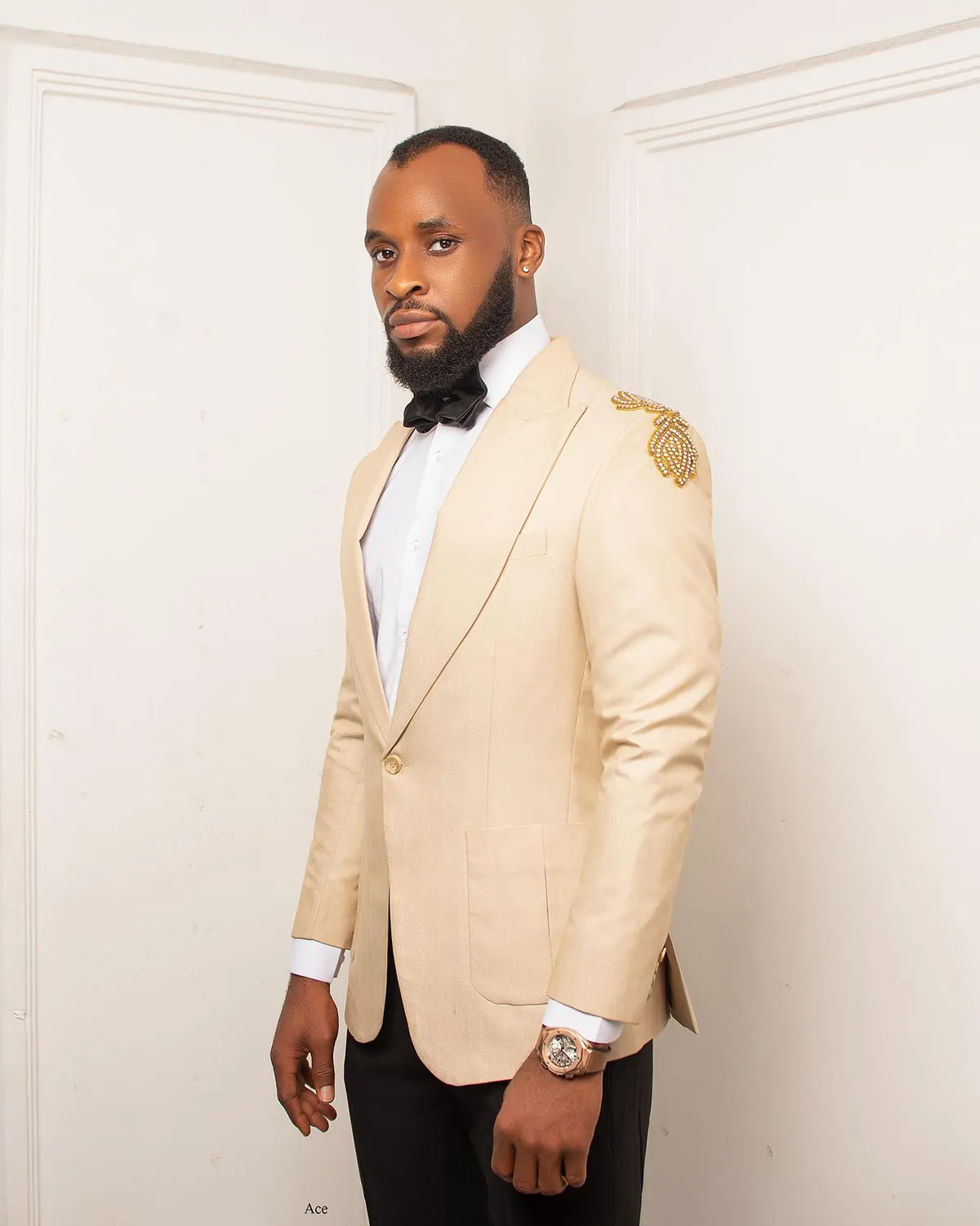 Bow Tie Beige Color Coat Pant Beige Wedding Tuxedo Suit Elegant