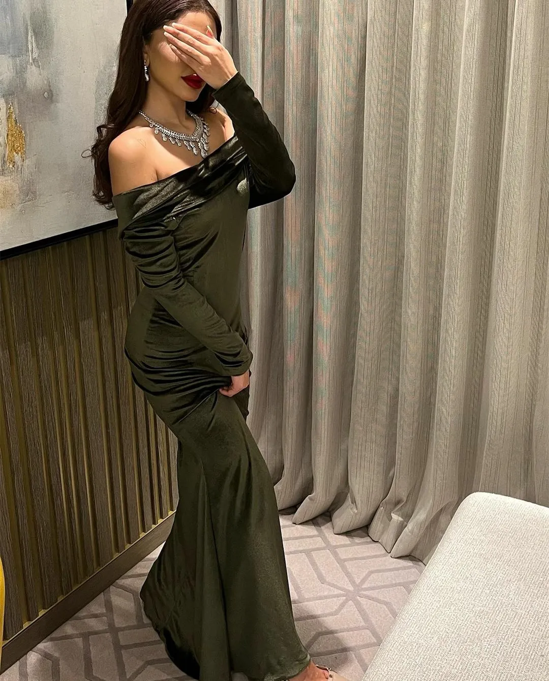 chinese dress ladies Olive Green Warm Cotton Waffle Fit and Flare Maxi Dress 68