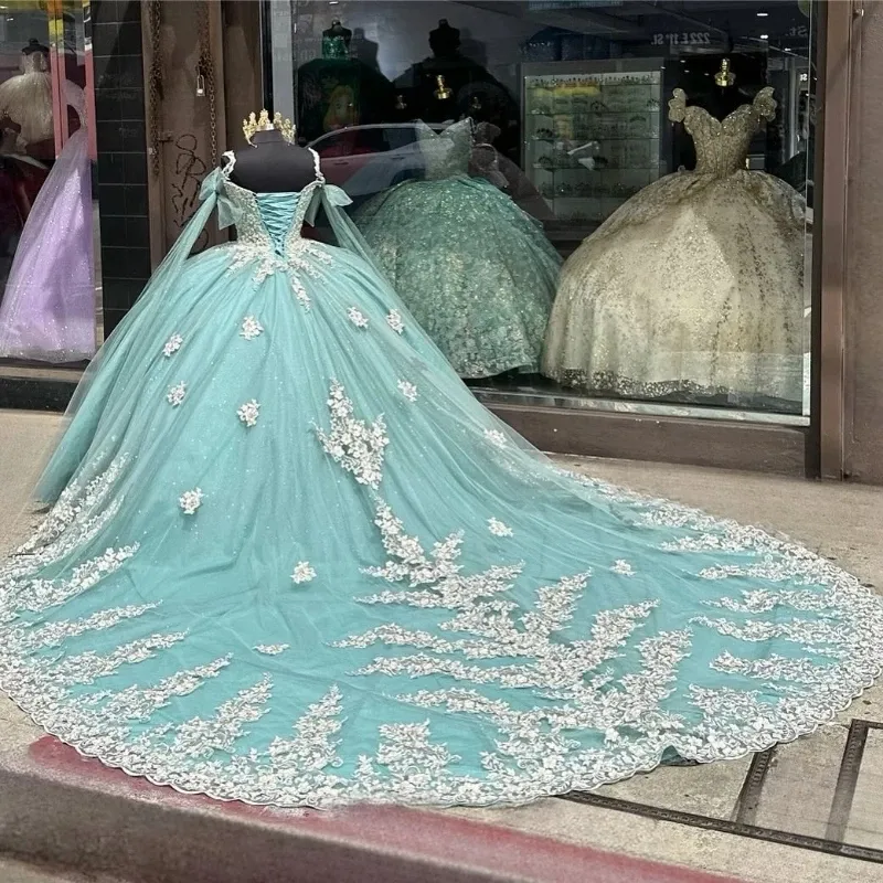 Light Green Quinceanera Dress Lace Applique Beads Off the Shoulder with  Cape Sweep Train from Dhgate Quinceanera Dresses - price 331.57